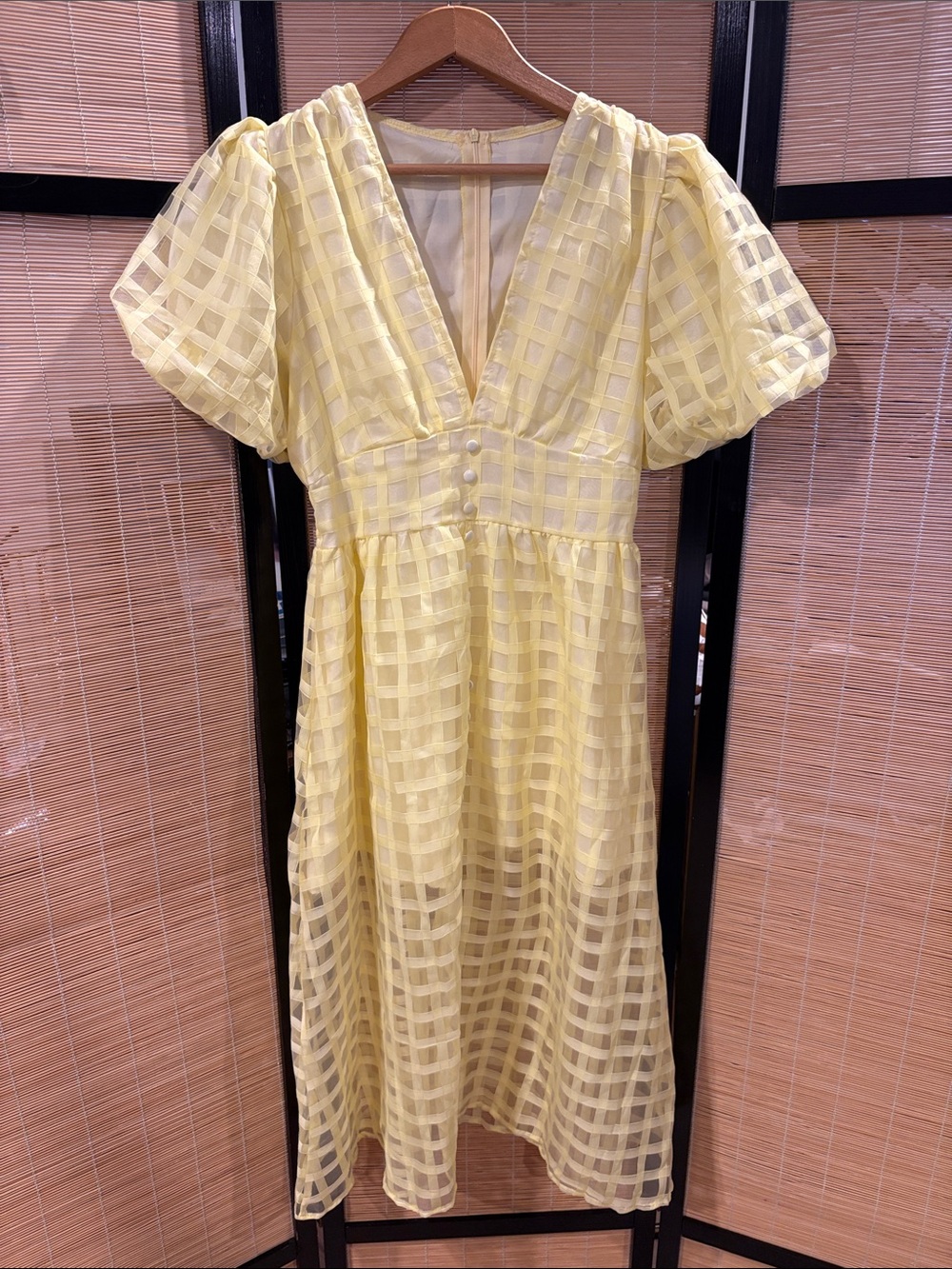 Yellow Checkered V-Neck Midi Dress